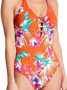 Leilani Floral Ladder-Front Orange One-Piece halter Swimsuit size 16